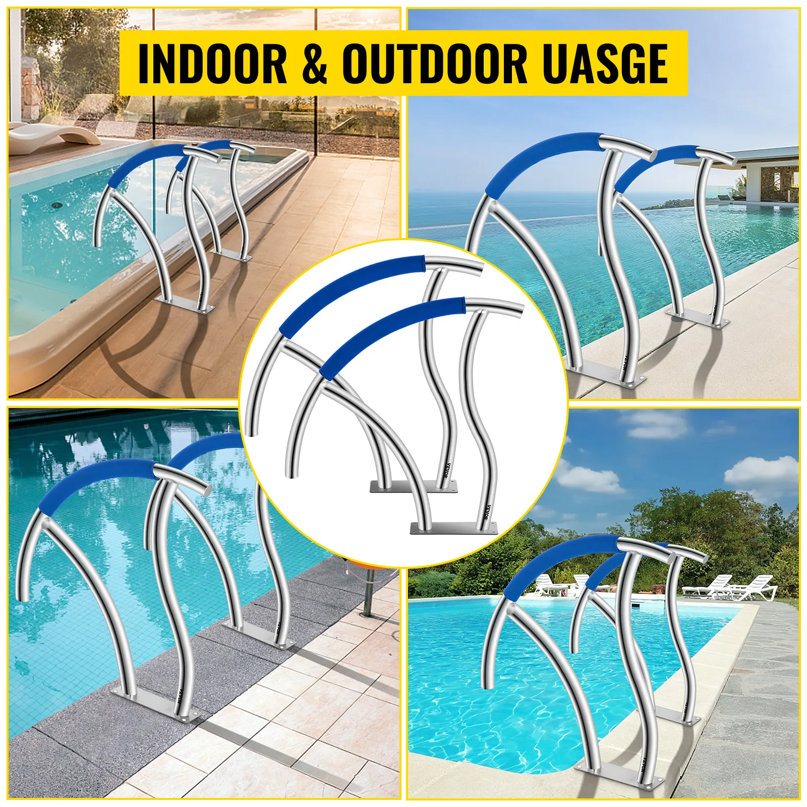 VEVOR pool handrail for indoor and outdoor pools with sleek stainless steel design.