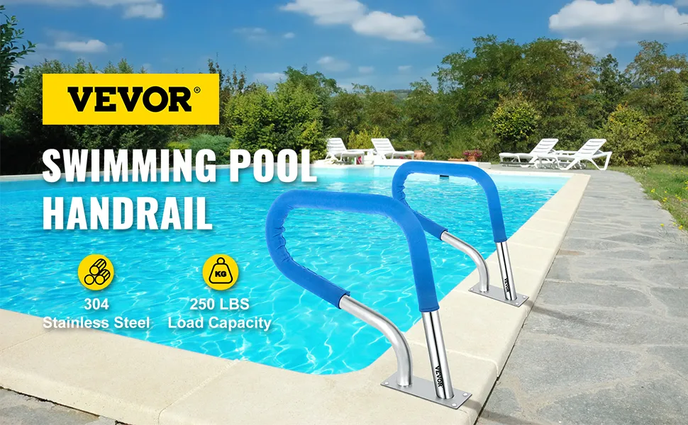 VEVOR pool rail with blue grips next to a clear swimming pool surrounded by lush greenery.