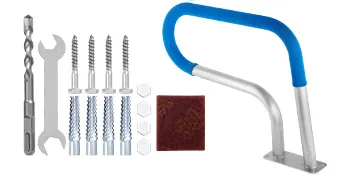 blue VEVOR pool rail with mounting screws, drill bit, hex nuts, and wrench.