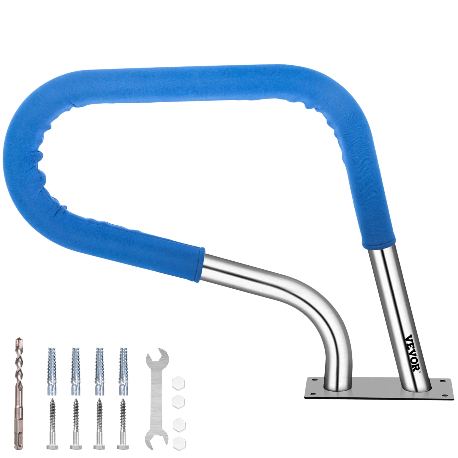 VEVOR pool rail with blue cover, screws, wrench, and hex nuts included.