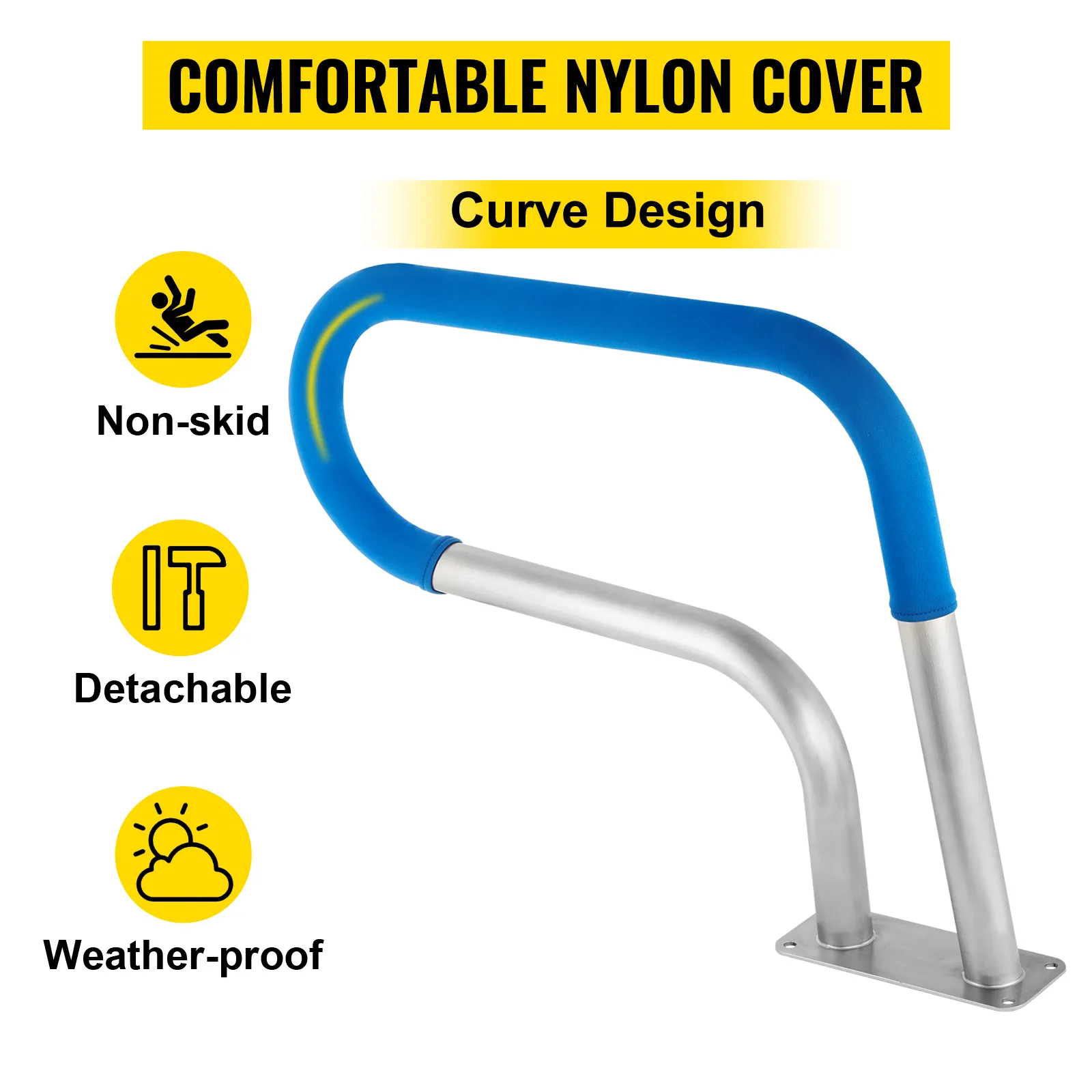 VEVOR pool rail with non-skid, detachable, weather-proof, curved nylon cover.