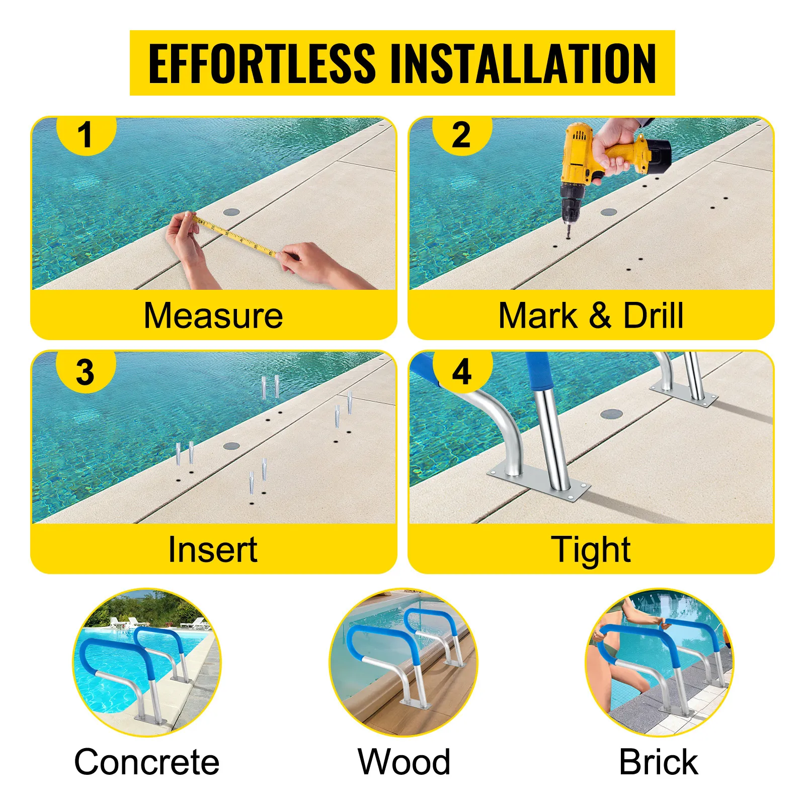 VEVOR pool rail installation guide: measure, mark and drill, insert, and tighten.