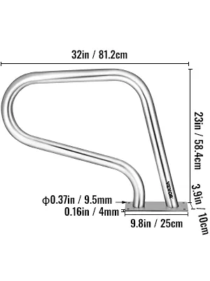 Barandilla de piscina VEVOR con dimensiones: 32 pulgadas, 23 pulgadas de altura, 9,8 pulgadas de base, 0,37 pulgadas de grosor.