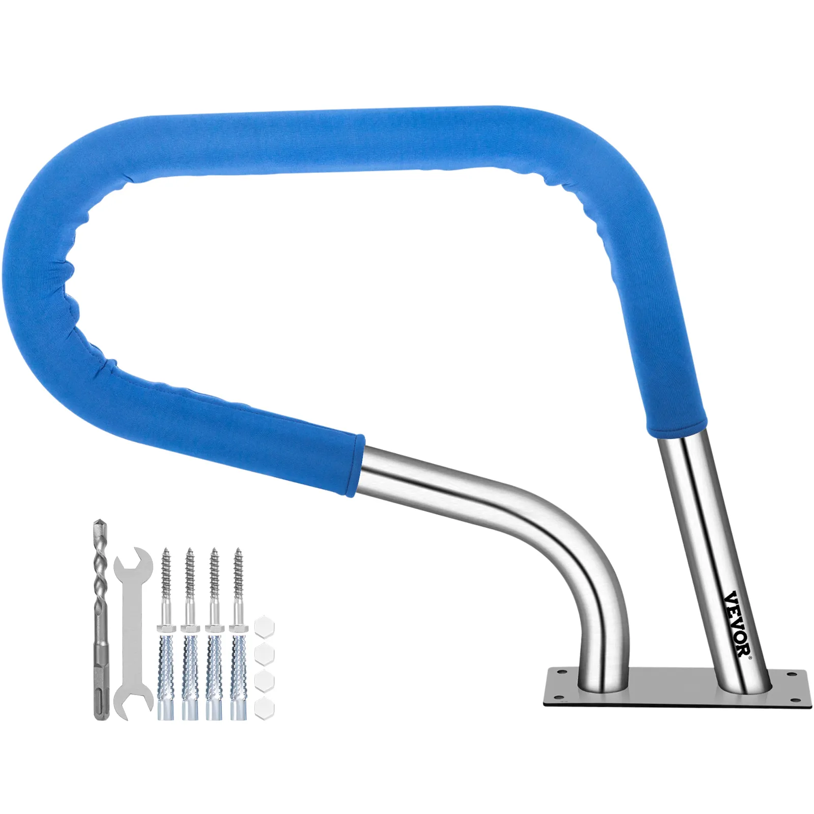 Barandilla de piscina VEVOR con cubierta azul y herramientas de instalación que incluyen broca y tornillos.