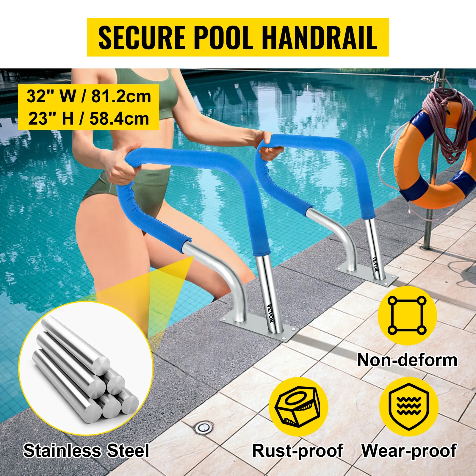 Barandilla de piscina VEVOR con pasamanos seguro, de acero inoxidable, resistente a la oxidación y al desgaste.