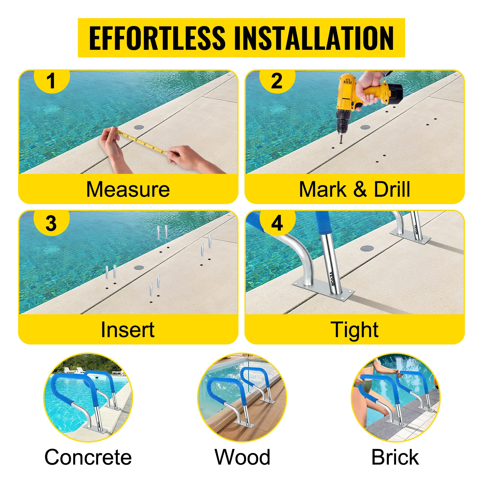 Pasos de instalación del riel de piscina VEVOR: medir, marcar y perforar, insertar y apretar.
