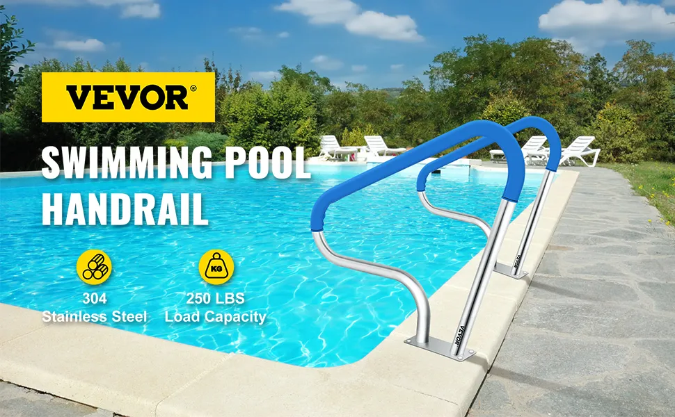 VEVOR pool rail: blue handrails by a pool, stainless steel, 250 lbs load capacity.