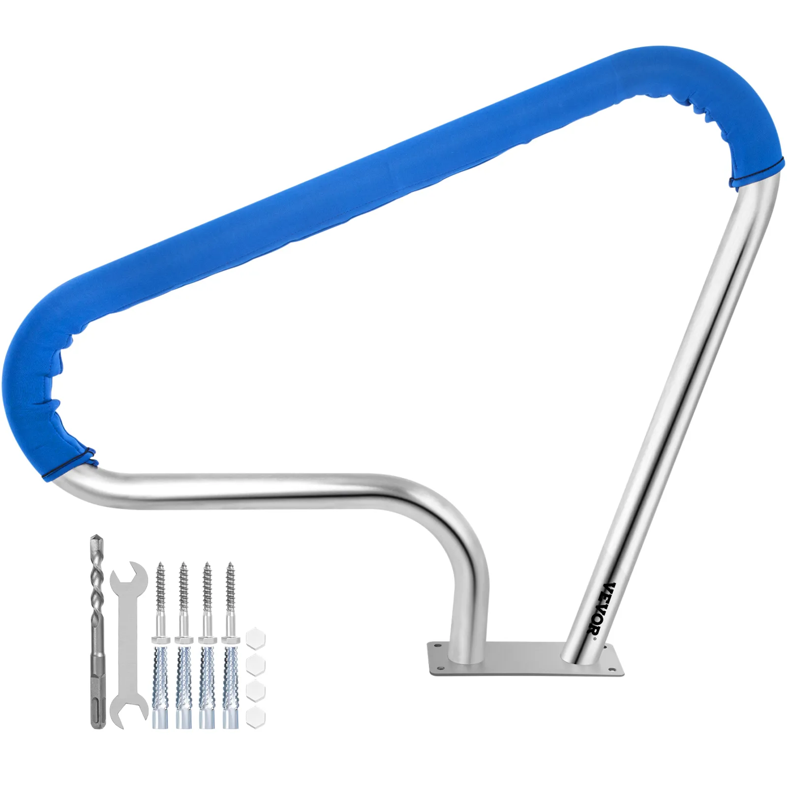 VEVOR pool rail with blue cover and installation hardware.