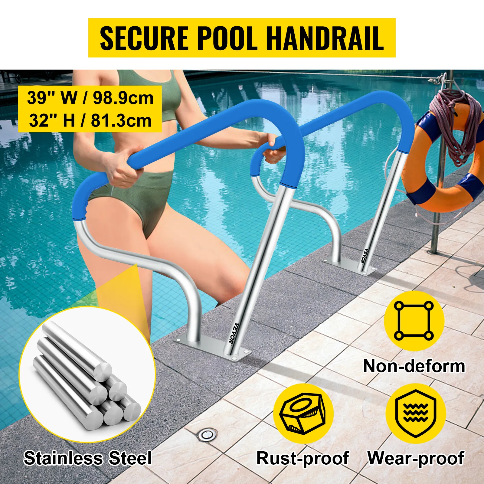 VEVOR pool rail, secure stainless steel handrail for poolside, rust-proof and wear-proof.