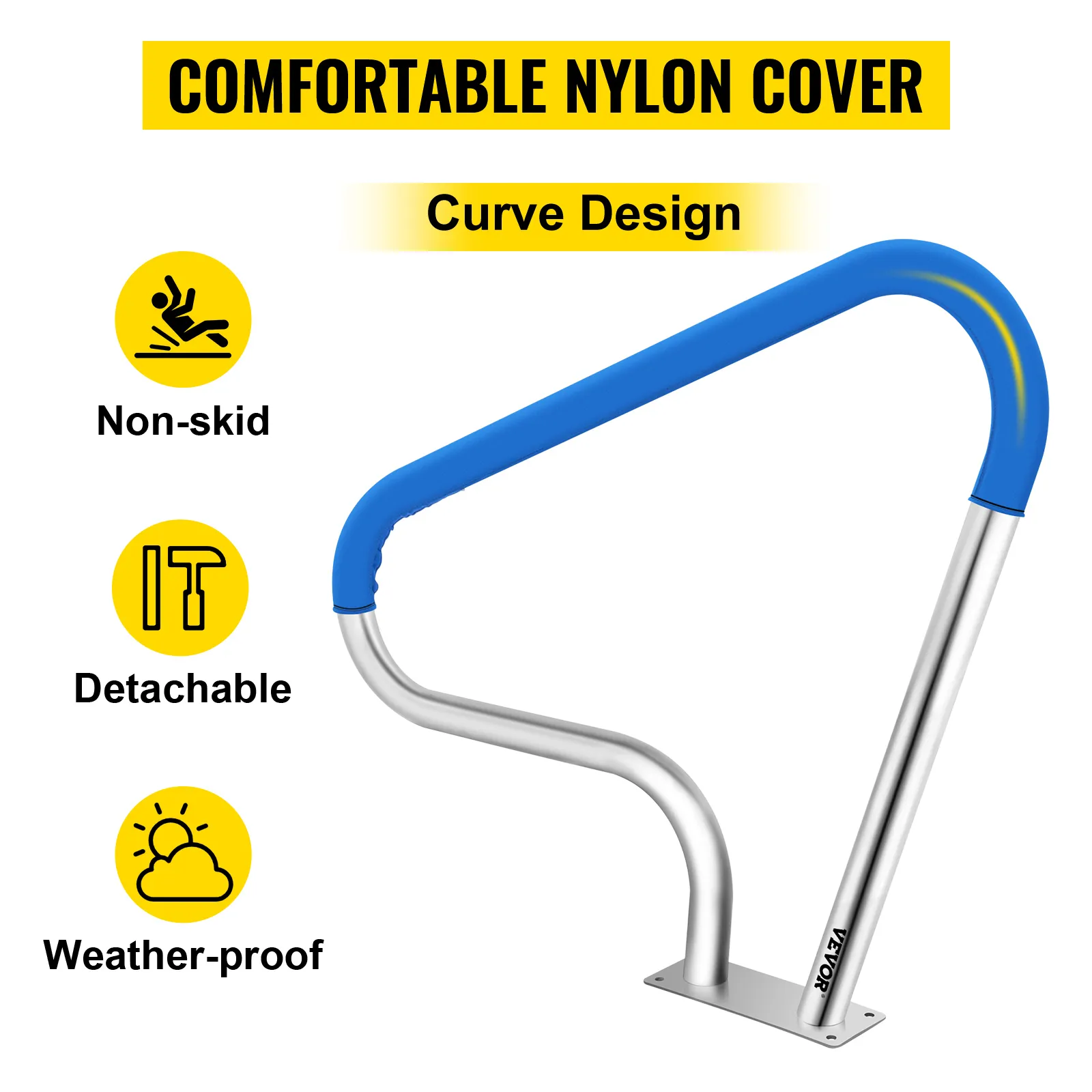 VEVOR pool rail with non-skid detachable nylon cover and weather-proof curved design.