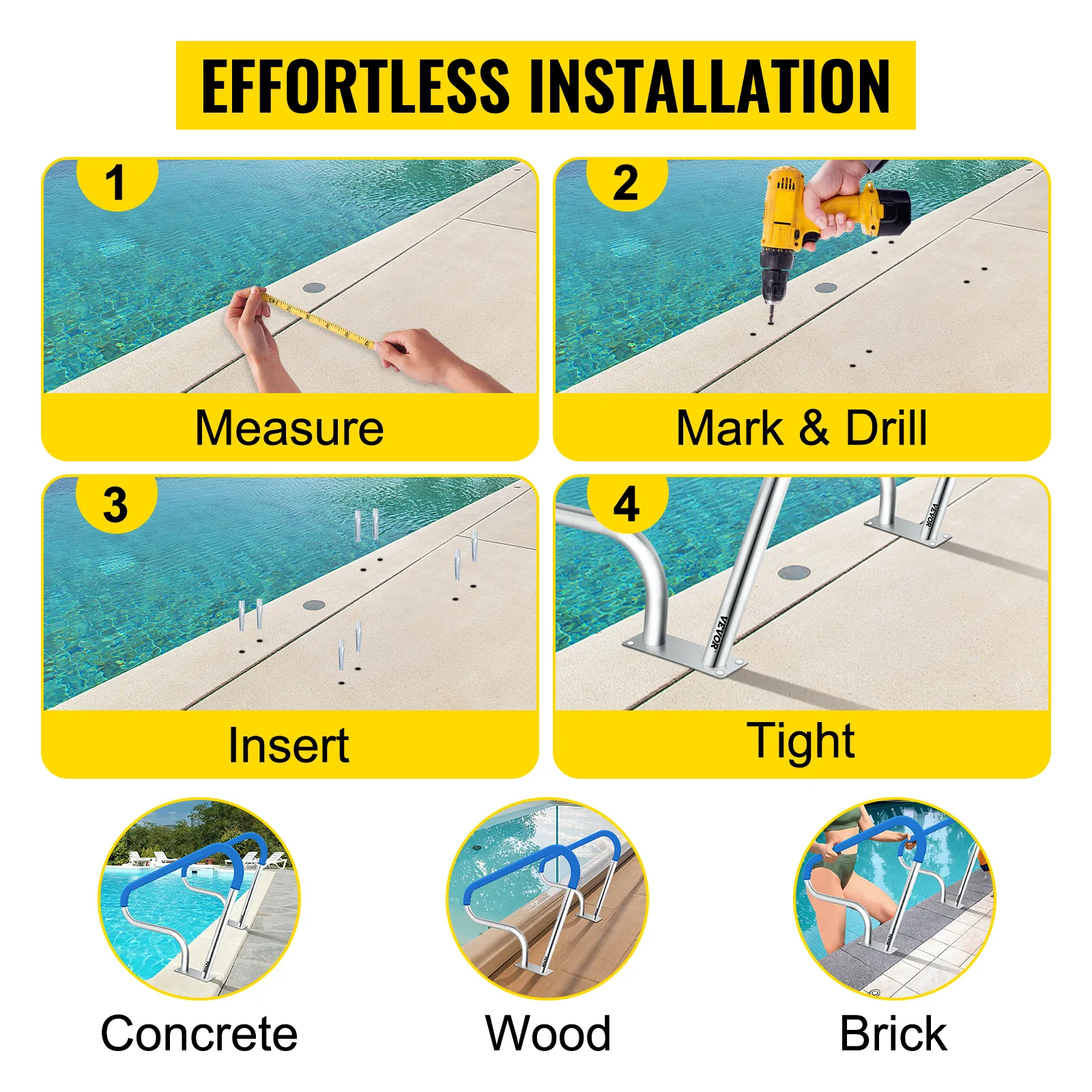 VEVOR pool rail installation: measure, mark & drill, insert, and tighten.