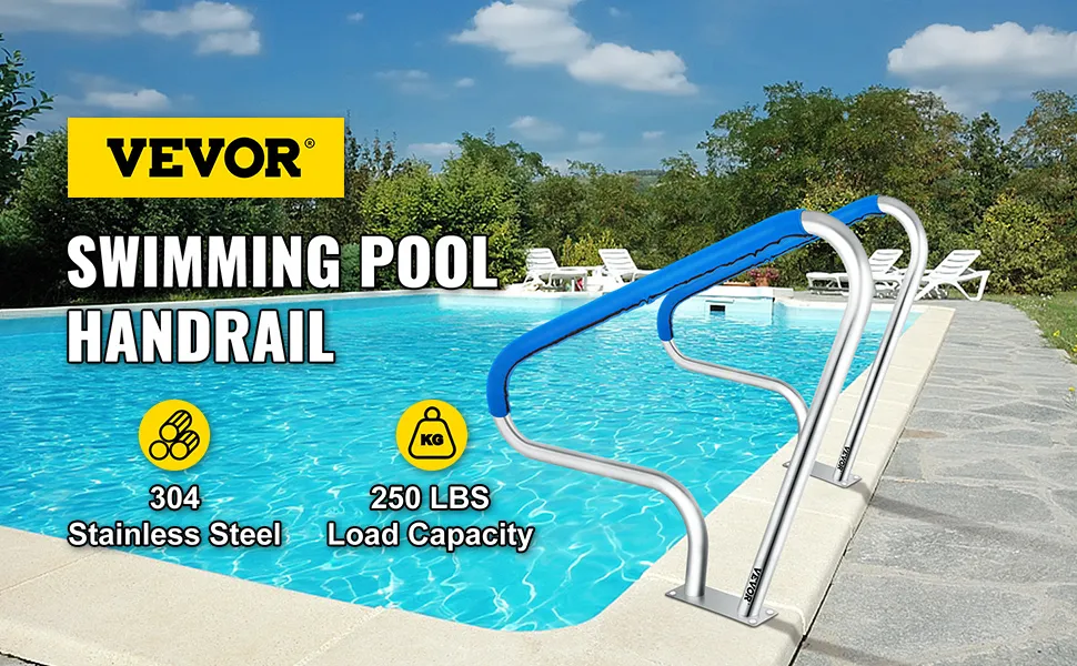 VEVOR pool rail with 304 stainless steel and 250 lbs load capacity by the pool.