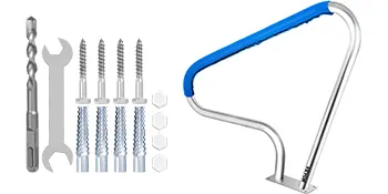 VEVOR pool rail with blue grip and installation tools including screws and wrench.