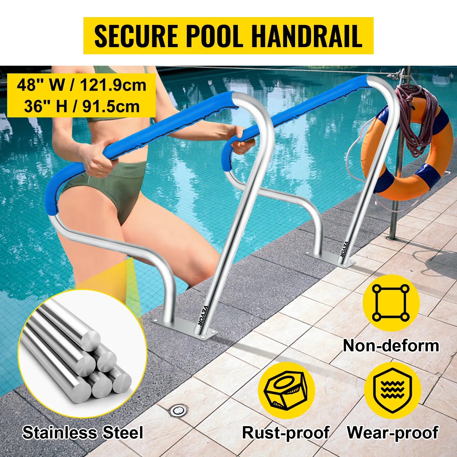 VEVOR pool rail in stainless steel with blue grip installed at swimming pool steps.