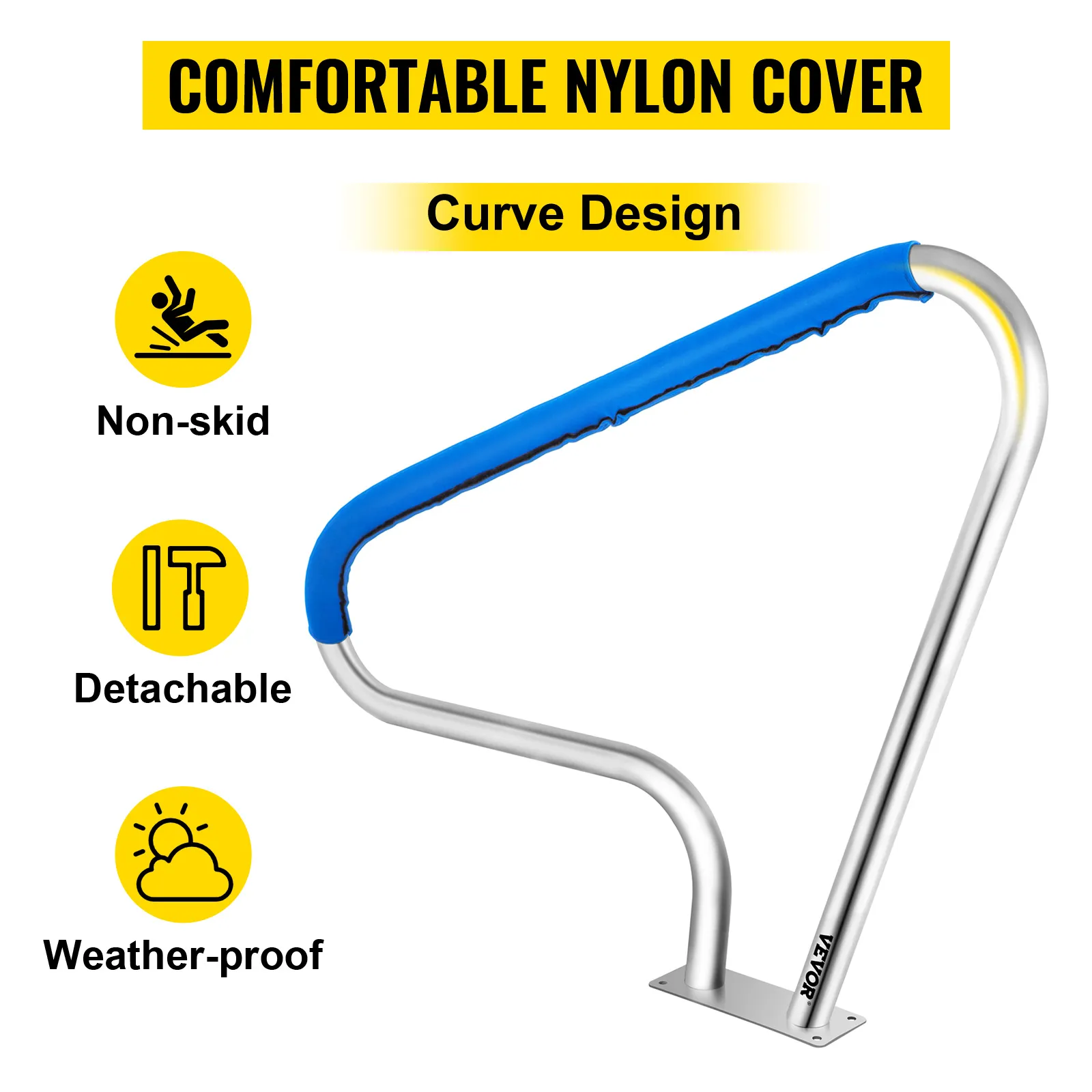 VEVOR pool rail with comfortable nylon cover, non-skid, curve design, detachable, weather-proof.