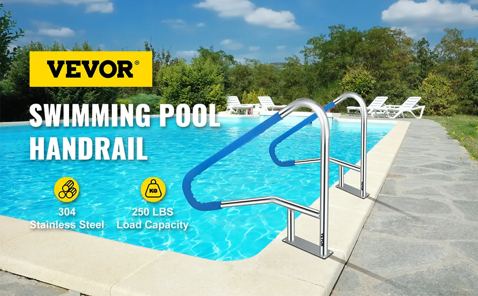 VEVOR pool rail, 304 stainless steel, blue handrail, poolside with loungers, sunny day