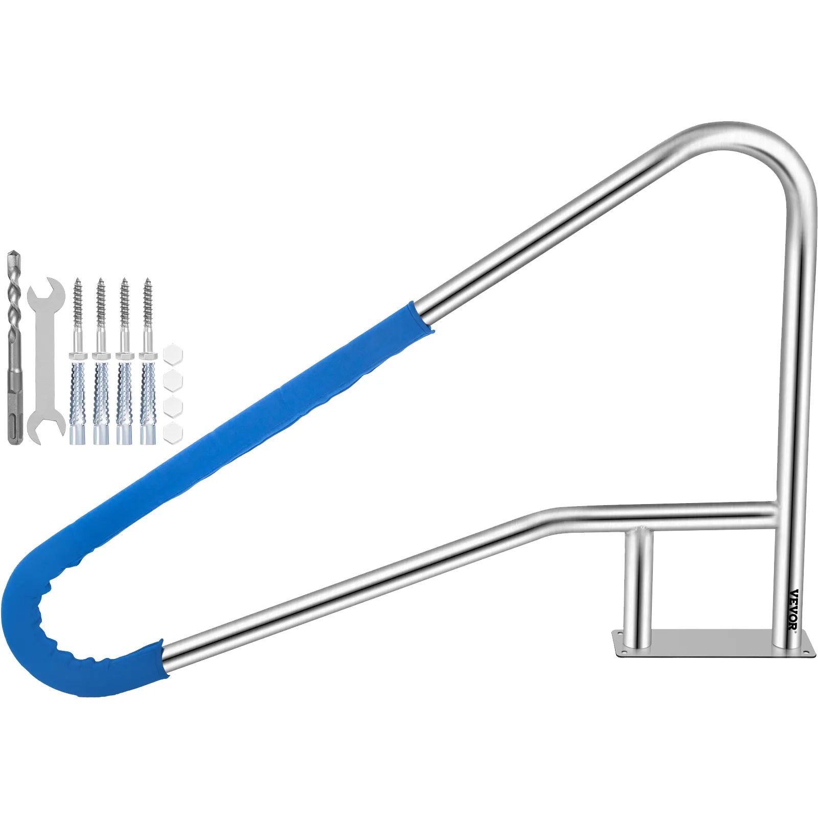 VEVOR pool rail with blue grip and installation tools.