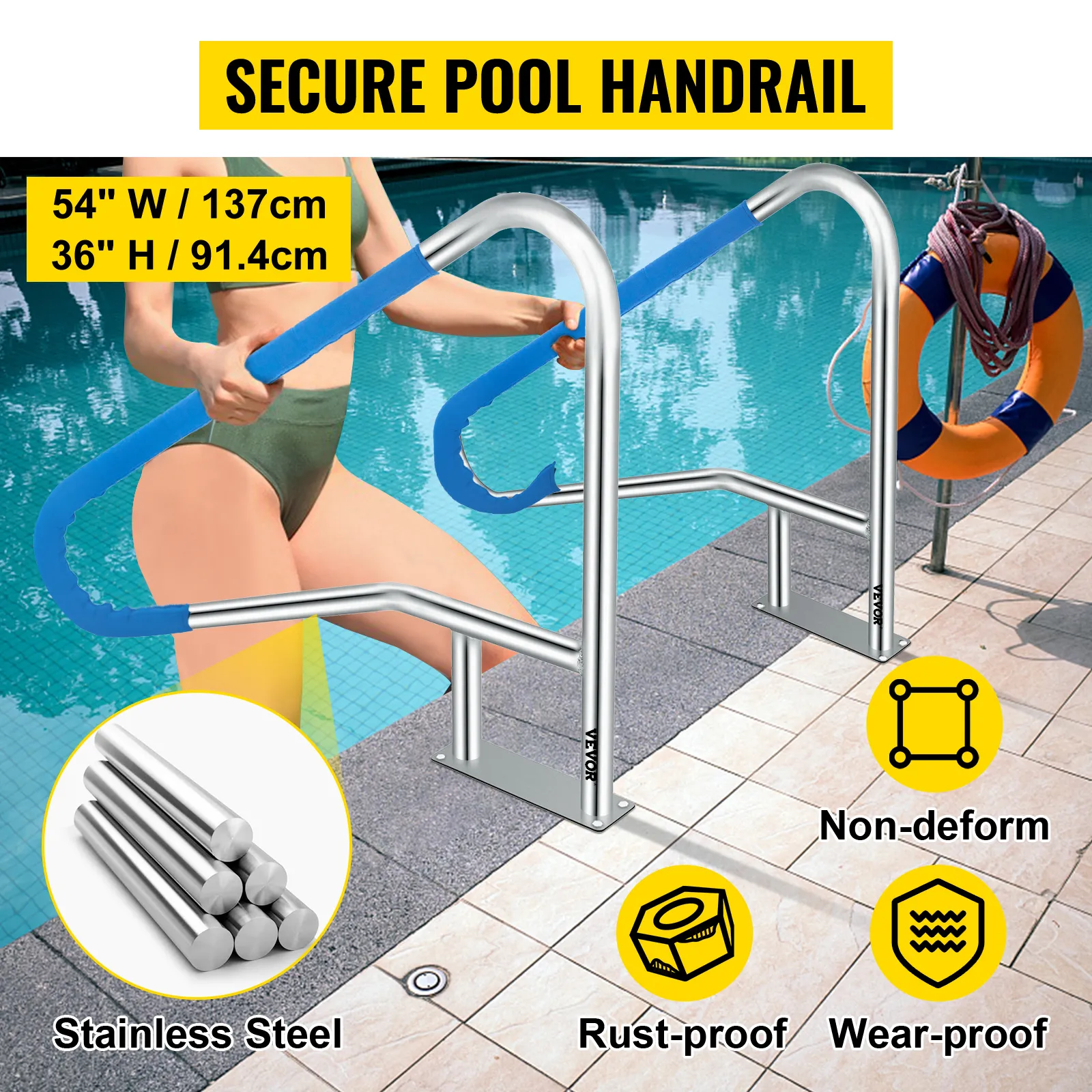 secure stainless steel VEVOR pool rail beside pool with durability icons and sizing details.