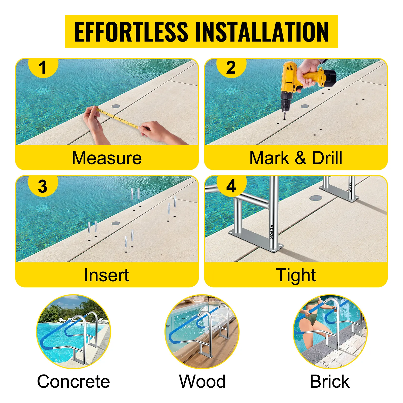VEVOR pool rail installation: measure, mark & drill, insert, tighten on concrete, wood, brick.