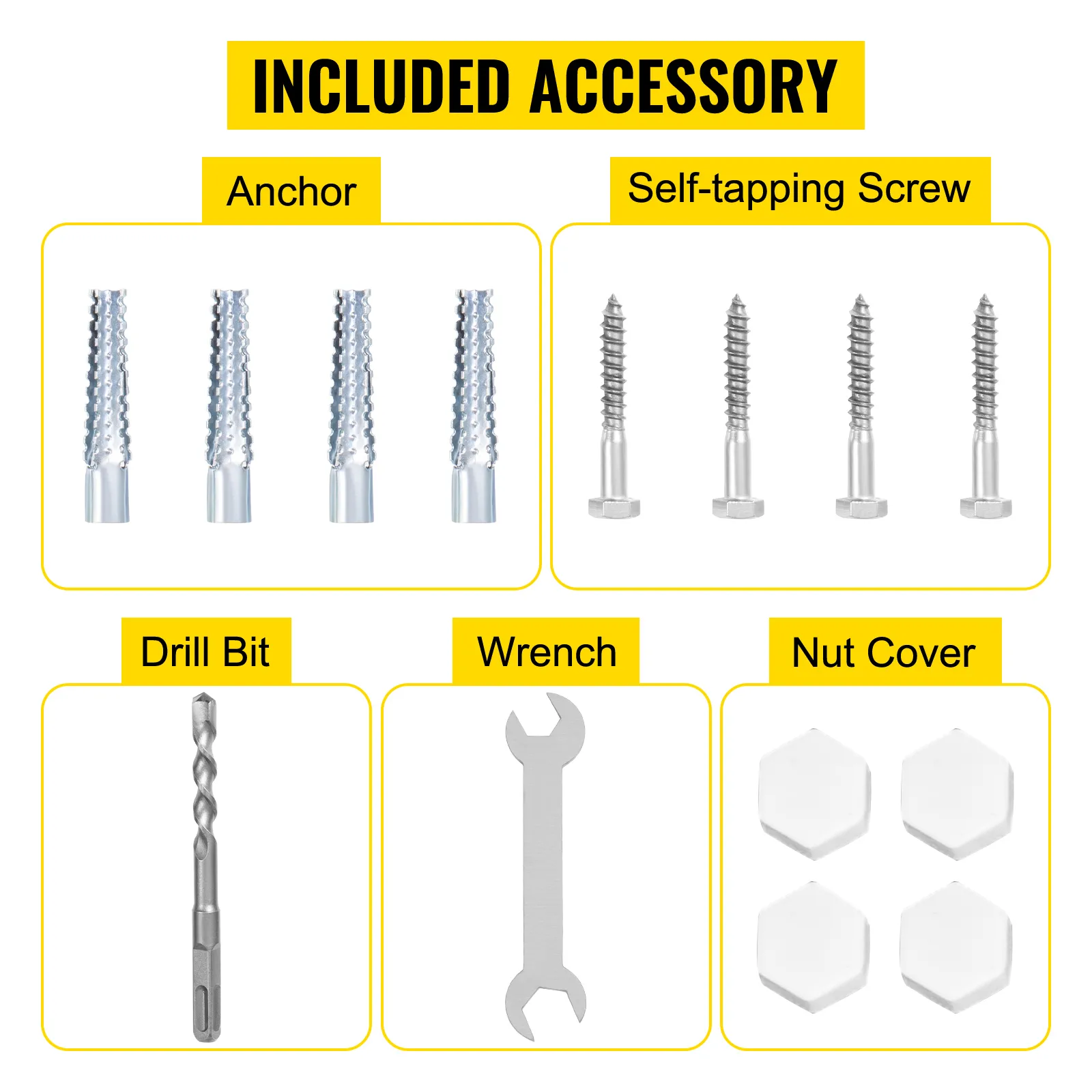 included accessories for VEVOR pool rail: anchors, self-tapping screws, drill bit, wrench, nut covers.