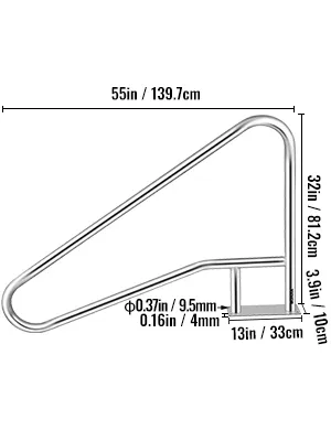 VEVOR pool rail dimensions and specifications diagram in stainless steel.