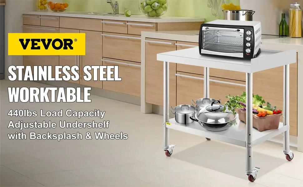 VEVOR stainless steel prep table with wheels, undershelf, and kitchen appliances.