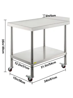 VEVOR stainless steel prep table with caster wheels, 35in high and 24in wide.
