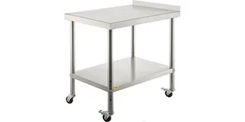 VEVOR stainless steel prep table with wheels and undershelf.