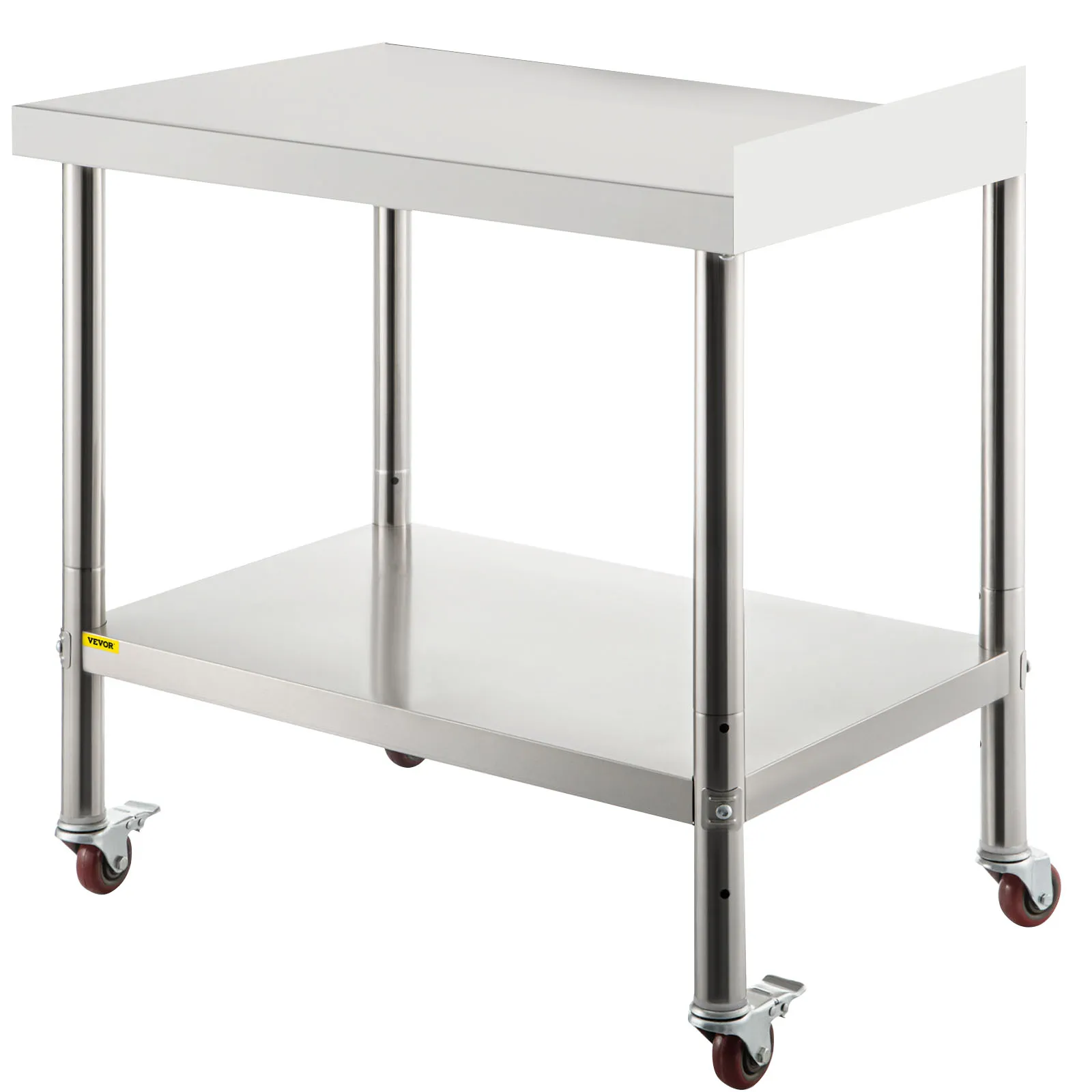 VEVOR stainless steel prep table with undershelf and locking caster wheels.