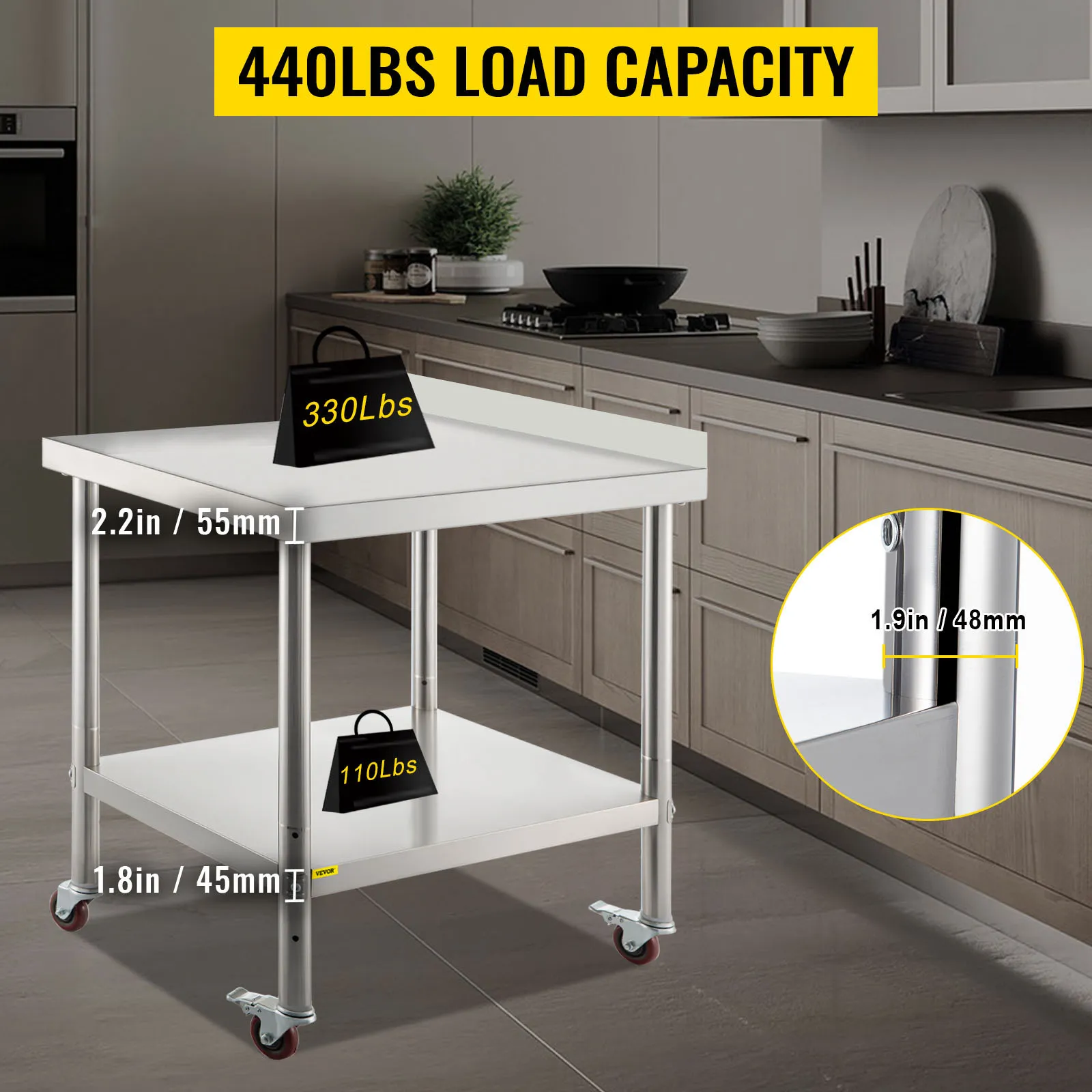 VEVOR stainless steel prep table with 440lbs load capacity in a modern kitchen.