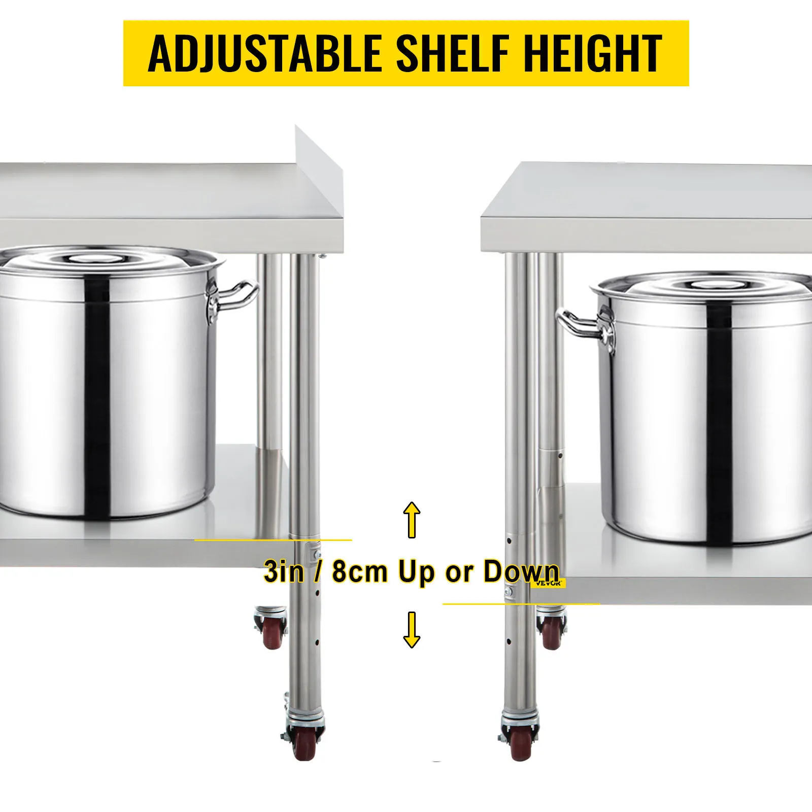 VEVOR stainless steel prep table with adjustable shelf height, 3 inches up or down.