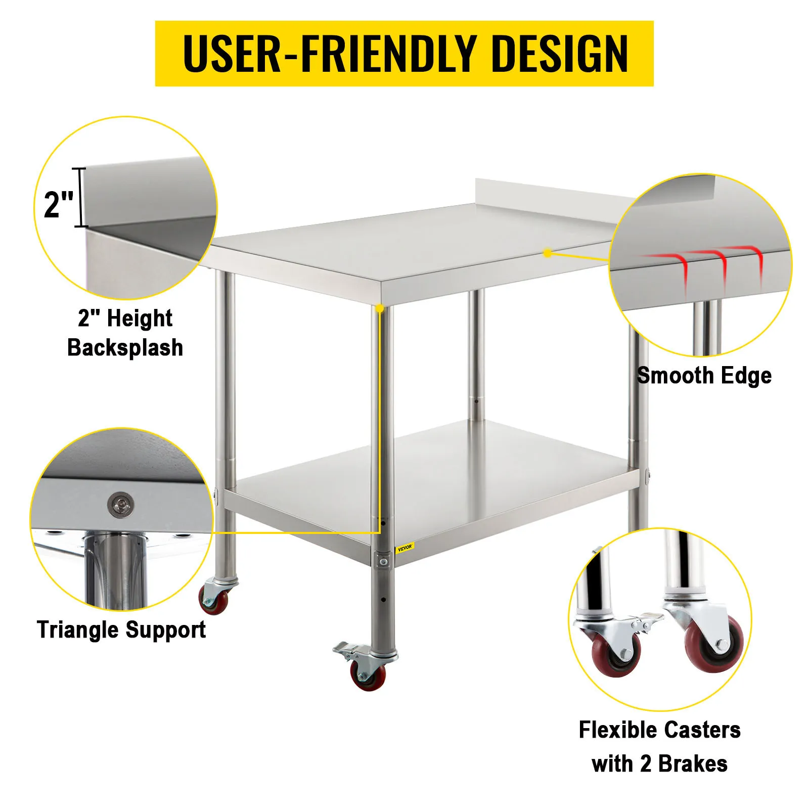 VEVOR stainless steel prep table with 2" backsplash, smooth edges, and flexible casters.