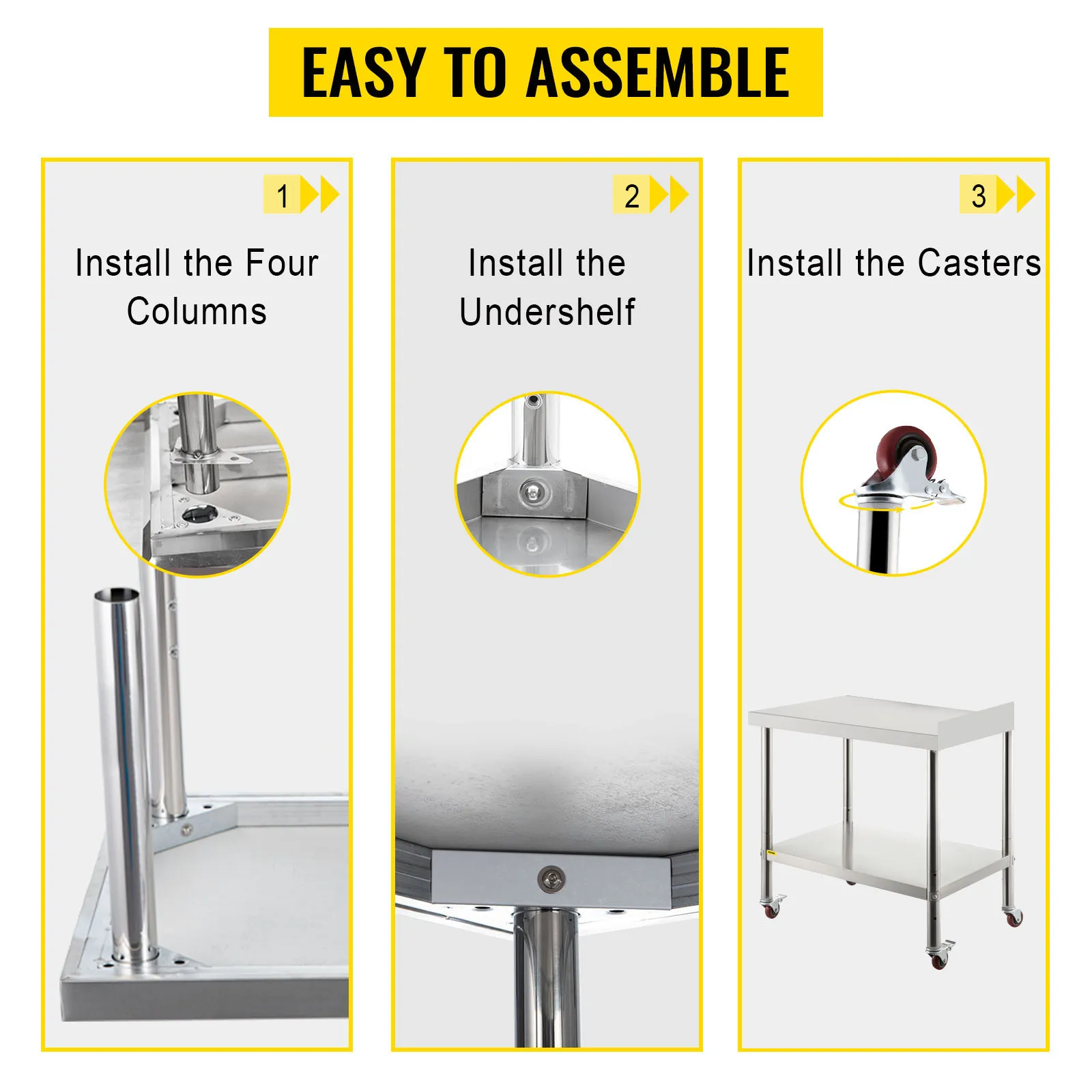 easy assembly steps for VEVOR stainless steel prep table: install columns, undershelf, casters.