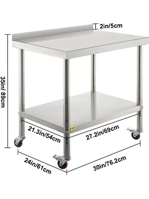 VEVOR stainless steel prep table with dimensions and caster wheels.