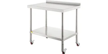 stainless steel prep table with undershelf and casters for kitchen or commercial use.