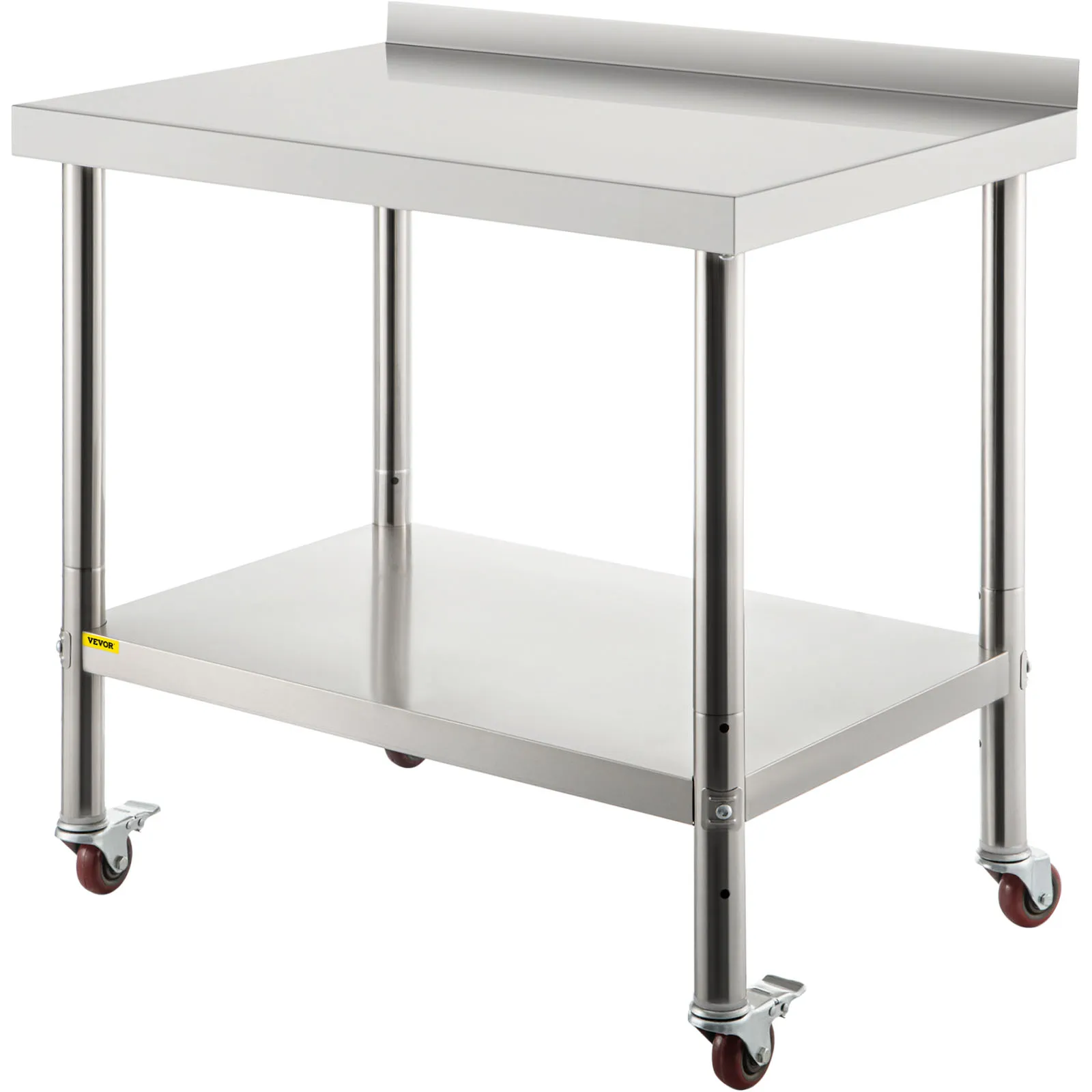 VEVOR stainless steel prep table with undershelf and caster wheels.
