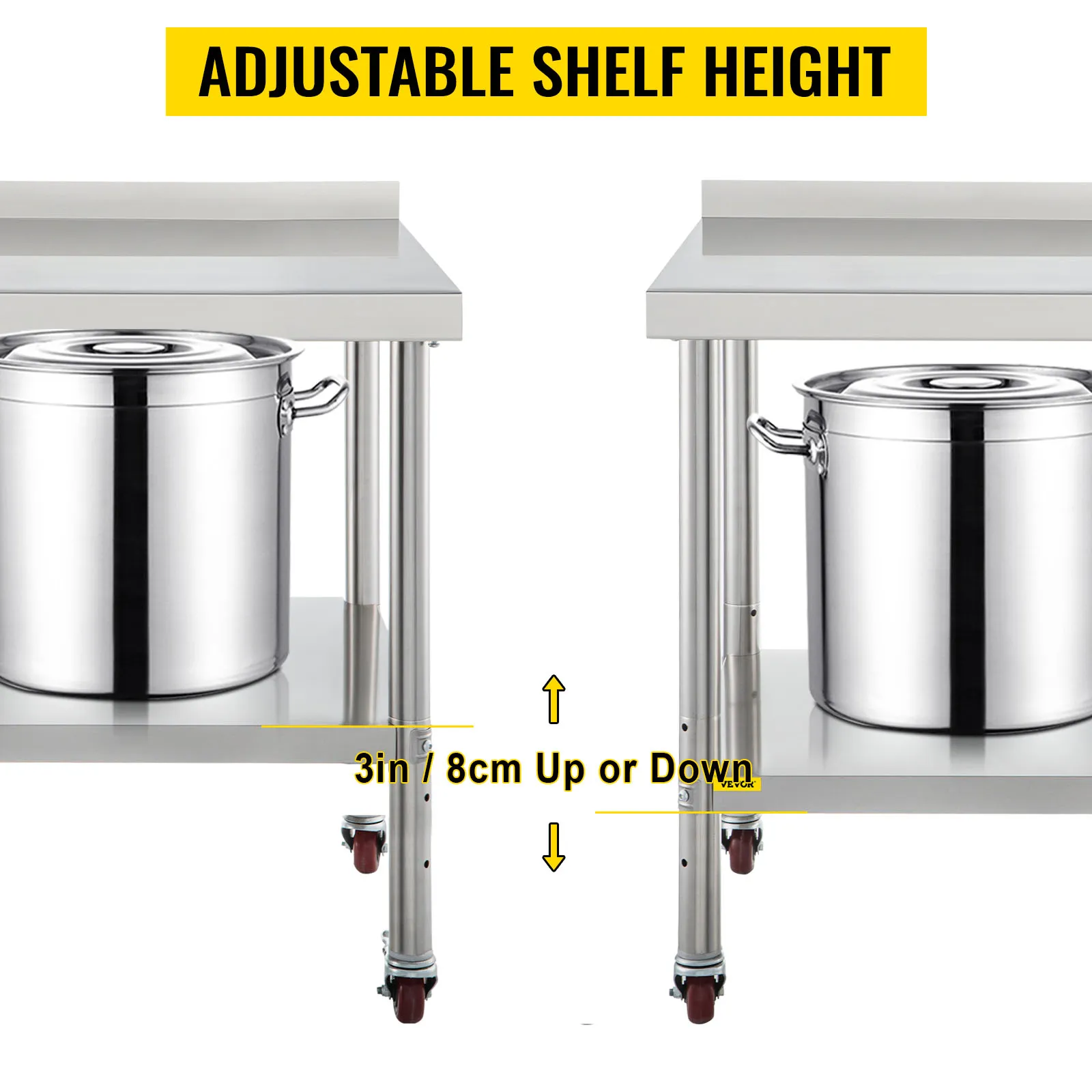 adjustable shelf height on VEVOR stainless steel prep table for customizable storage.