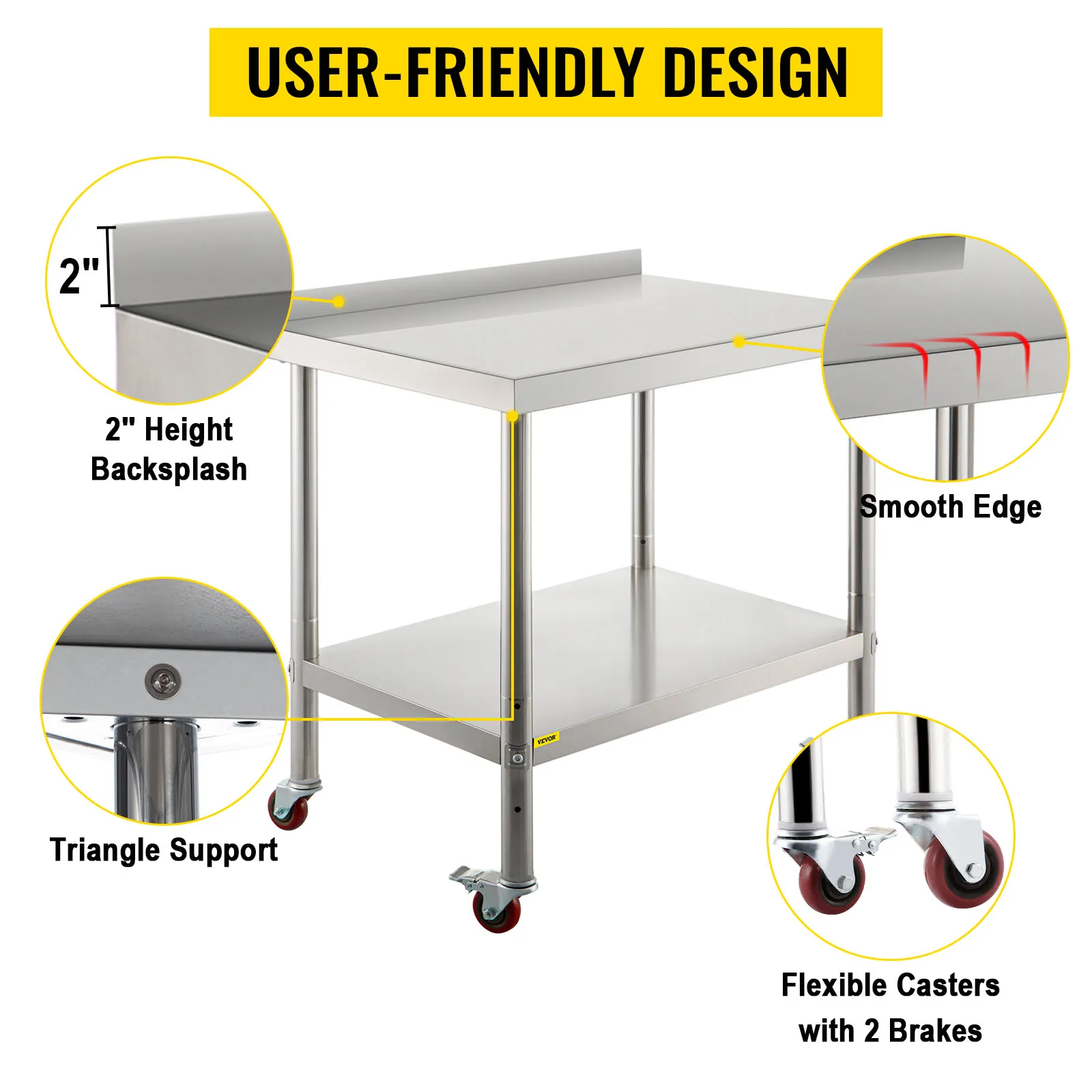 VEVOR stainless steel prep table with backsplash, smooth edge, and casters with brakes