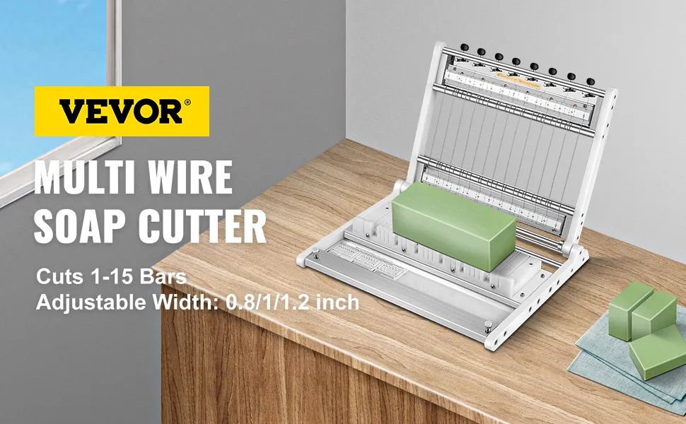 VEVOR-Seifenschneider mit Mehrdrahtdesign auf einem Holztisch. Schneidet 1–15 Riegel, einstellbare Breite 0,8/1/1,2 Zoll.