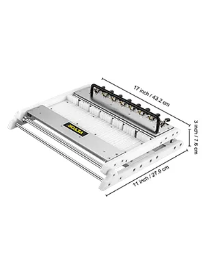 VEVOR-Seifenschneider mit den Abmessungen 17 x 11 x 3,1 Zoll, abgebildet mit mehreren Drähten und Maßmarkierungen.