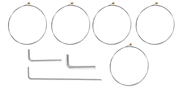 Fünf runde Metalldrähte und drei L-förmige Inbusschlüssel vor weißem Hintergrund. VEVOR-Seifenschneider.