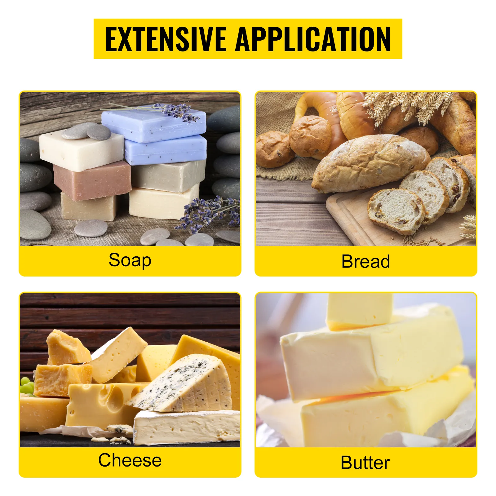 Umfangreiche Anwendung des VEVOR-Seifenschneiders zum Schneiden von Seife, Brot, Käse und Butter.