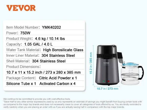 VEVOR water distiller specifications alongside suggested uses in dental clinics, offices, hospitals, and laboratories.