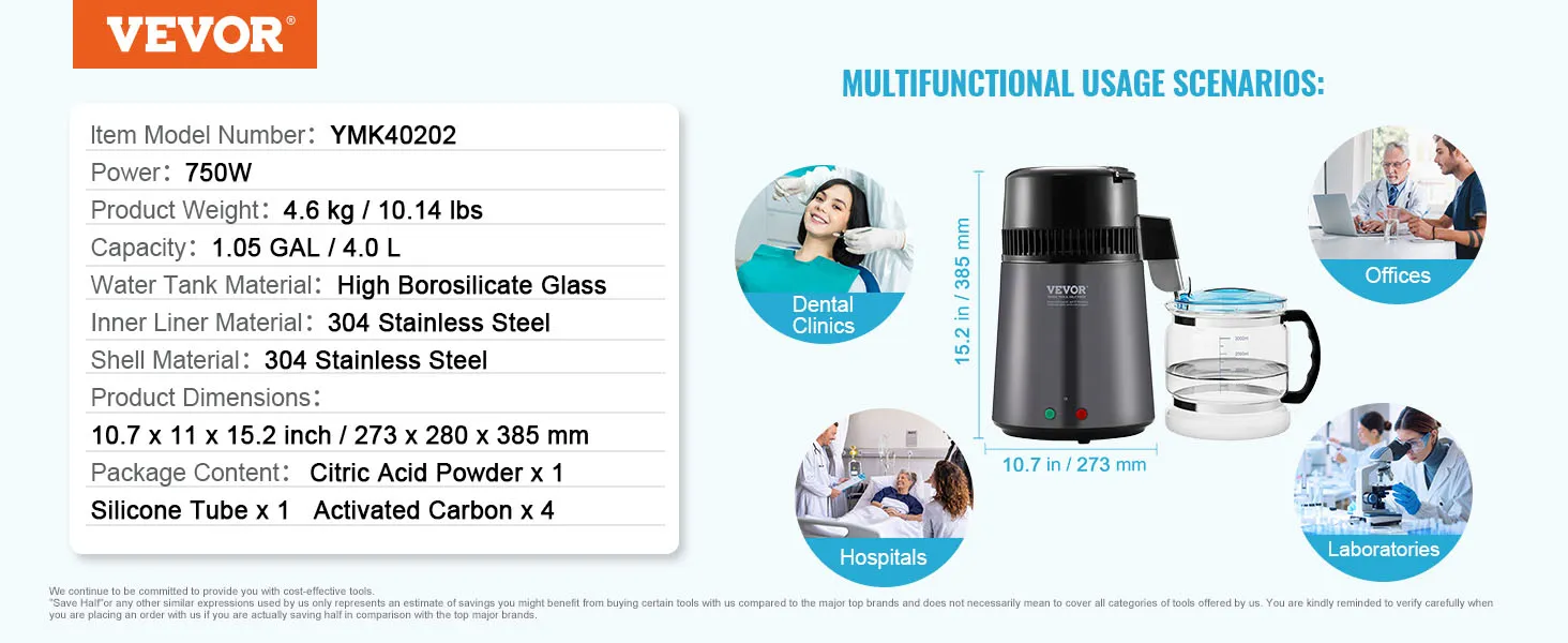 VEVOR water distiller specifications alongside suggested uses in dental clinics, offices, hospitals, and laboratories.