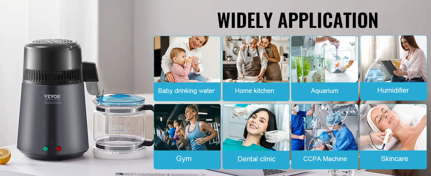 VEVOR water distiller for baby drinking water, home kitchen, aquarium, humidifier, gym, and dental clinic.