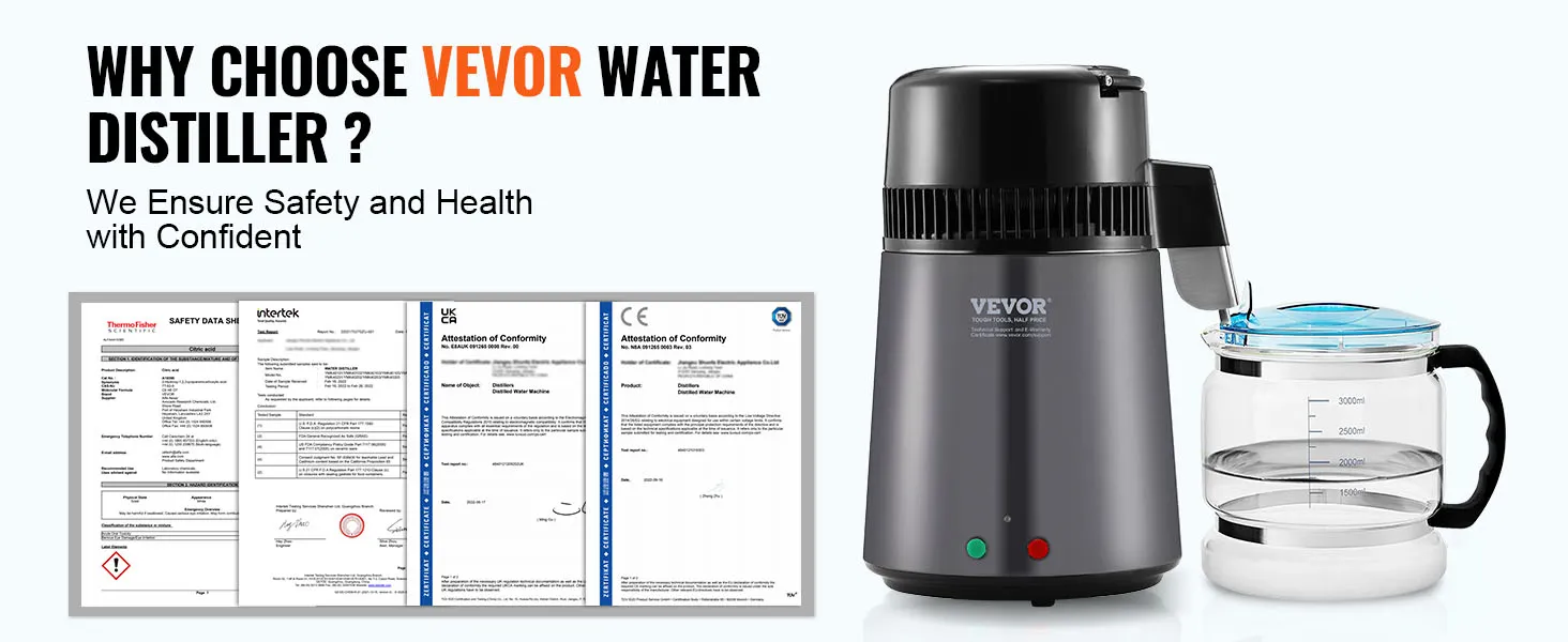VEVOR water distiller with certifications for safety and health, ensuring high-quality water purification.