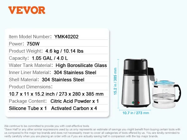 VEVOR waterdestilleerder, 750 W, capaciteit 4,0 l, roestvrij staal, ideaal voor klinieken, kantoren, laboratoria en ziekenhuizen.