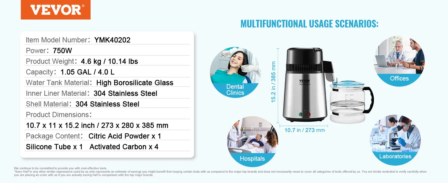 VEVOR waterdestilleerder, 750 W, capaciteit 4,0 l, roestvrij staal, ideaal voor klinieken, kantoren, laboratoria en ziekenhuizen.