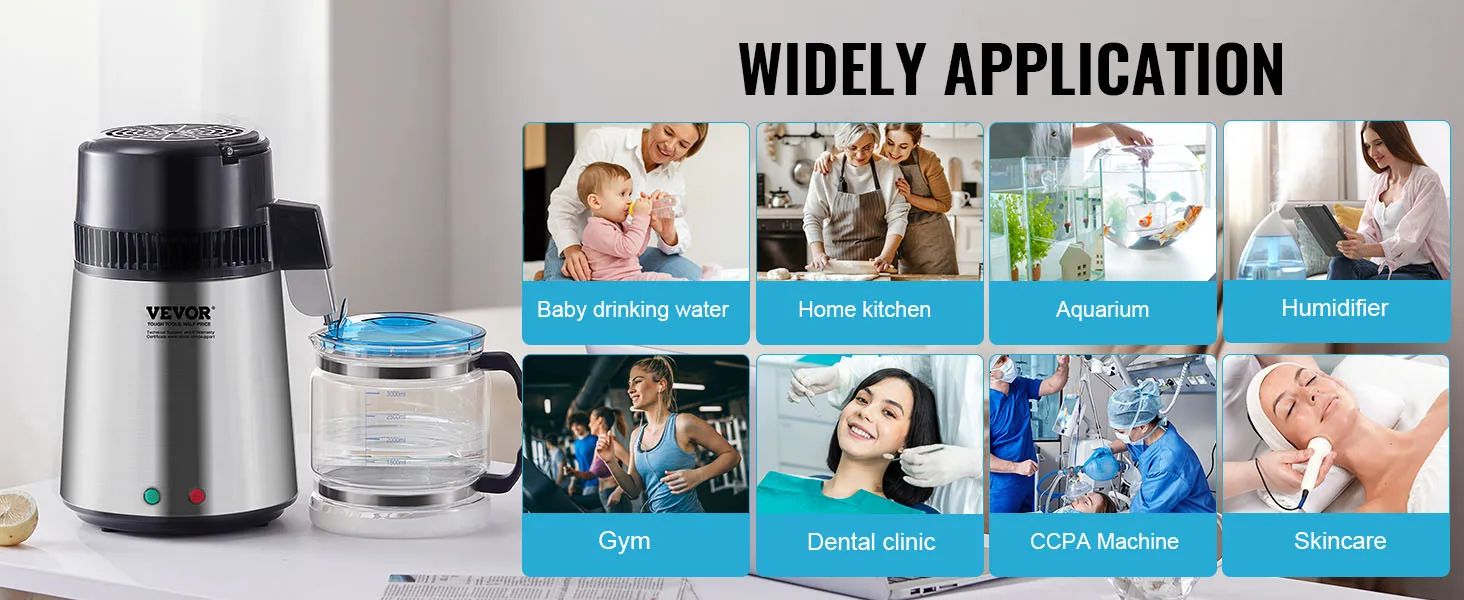 VEVOR waterdestilleerder voor babydrinkwater, thuiskeuken, aquarium, luchtbevochtiger, sportschool, tandartskliniek, huidverzorging.