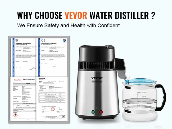 VEVOR-waterdestilleerder met certificeringsdocumenten die de veiligheid en gezondheidsvoordelen garanderen.
